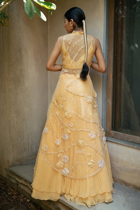 Shop PIRI INDIA Orange Satin, Organza, Tulle, Chanderi, Aira Solid Layered Lehenga Jacket Set at Aza Fashions Shop_PIRI INDIA_Orange Satin, Organza, Tulle, Chanderi, Aira Solid Layered Lehenga Jacket Set _at_Aza_Fashions