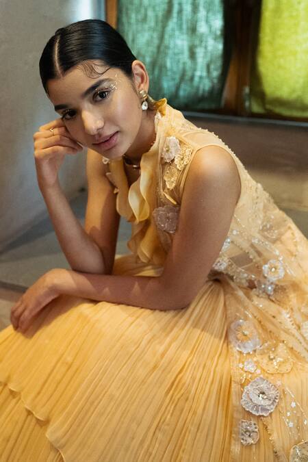 PIRI INDIA Orange Satin, Organza, Tulle, Chanderi, Aira Solid Layered Lehenga Jacket Set Online at Aza Fashions PIRI INDIA_Orange Satin, Organza, Tulle, Chanderi, Aira Solid Layered Lehenga Jacket Set _Online_at_Aza_Fashions