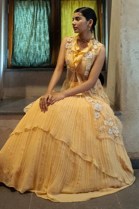 Buy PIRI INDIA Orange Satin, Organza, Tulle, Chanderi, Aira Solid Layered Lehenga Jacket Set Online at Aza Fashions Buy_PIRI INDIA_Orange Satin, Organza, Tulle, Chanderi, Aira Solid Layered Lehenga Jacket Set _Online_at_Aza_Fashions