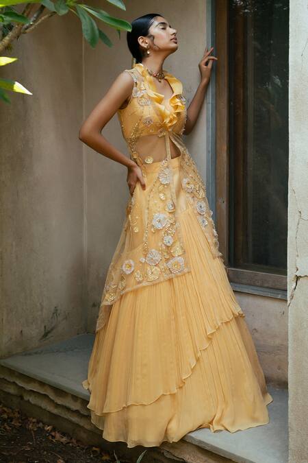 Shop PIRI INDIA Orange Satin, Organza, Tulle, Chanderi, Aira Solid Layered Lehenga Jacket Set Online at Aza Fashions Shop_PIRI INDIA_Orange Satin, Organza, Tulle, Chanderi, Aira Solid Layered Lehenga Jacket Set _Online_at_Aza_Fashions