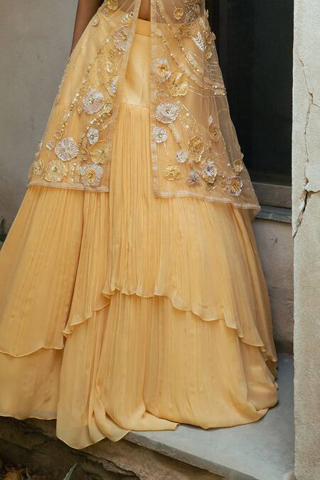 PIRI INDIA Orange Satin, Organza, Tulle, Chanderi, Aira Solid Layered Lehenga Jacket Set at Aza Fashions PIRI INDIA_Orange Satin, Organza, Tulle, Chanderi, Aira Solid Layered Lehenga Jacket Set _at_Aza_Fashions