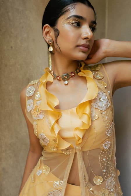 Shop PIRI INDIA Orange Satin, Organza, Tulle, Chanderi, Aira Solid Layered Lehenga Jacket Set Shop_PIRI INDIA_Orange Satin, Organza, Tulle, Chanderi, Aira Solid Layered Lehenga Jacket Set