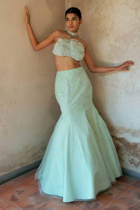 PIRI INDIA_Green Organza, Tulle Sequins, Wishper Embellished Mermaid Lehenga With Blouse _Online_at_Aza_Fashions