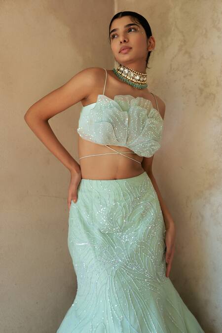Buy_PIRI INDIA_Green Organza, Tulle Sequins, Wishper Embellished Mermaid Lehenga With Blouse _Online_at_Aza_Fashions