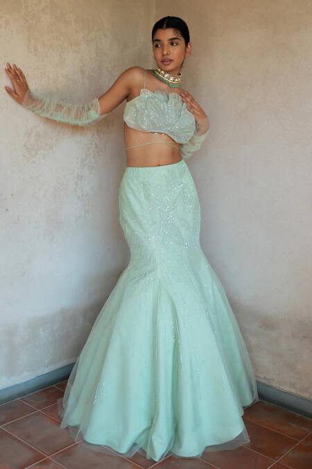 Buy_PIRI INDIA_Green Organza, Tulle Sequins, Wishper Embellished Mermaid Lehenga With Blouse 
