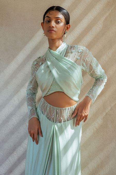 PIRI INDIA_Green Organza, Silk Satin, Mist Pleated Skirt With Embellished Drape Blouse _Online_at_Aza_Fashions