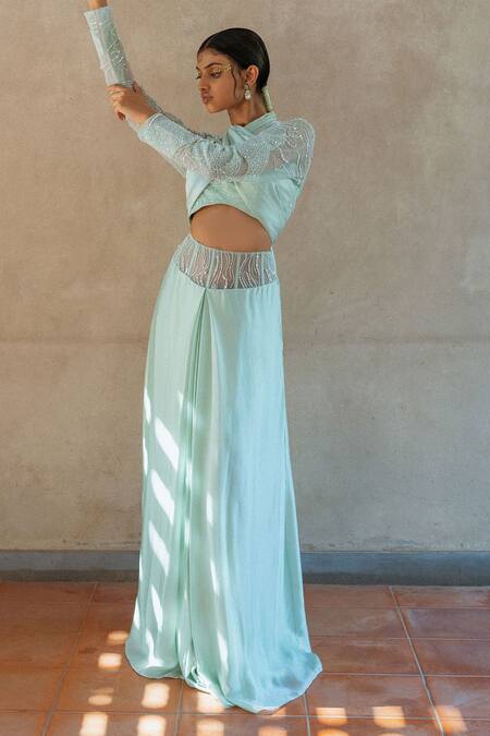 Buy_PIRI INDIA_Green Organza, Silk Satin, Mist Pleated Skirt With Embellished Drape Blouse _Online_at_Aza_Fashions