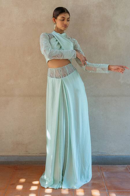 Shop_PIRI INDIA_Green Organza, Silk Satin, Mist Pleated Skirt With Embellished Drape Blouse _Online_at_Aza_Fashions