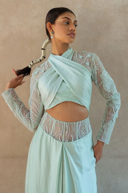 PIRI INDIA_Green Organza, Silk Satin, Mist Pleated Skirt With Embellished Drape Blouse _at_Aza_Fashions