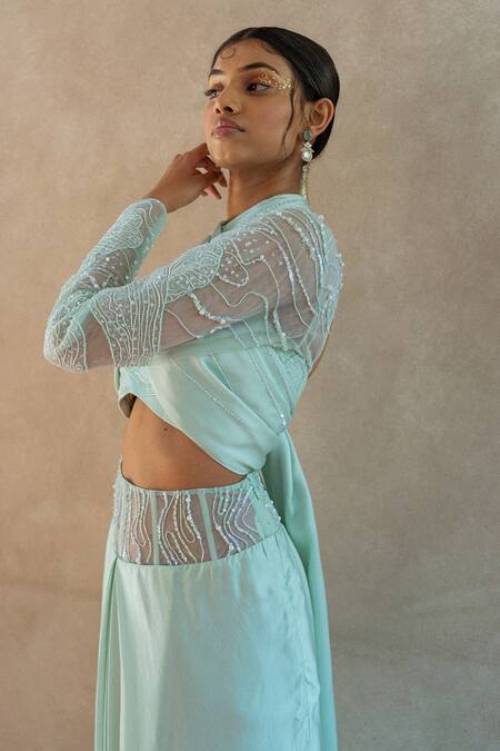 Buy_PIRI INDIA_Green Organza, Silk Satin, Mist Pleated Skirt With Embellished Drape Blouse 