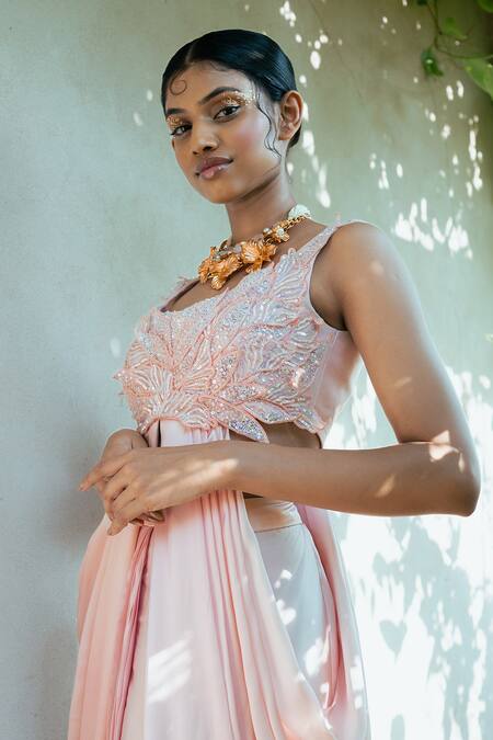PIRI INDIA Pink , Tulle, Satin Luna Pleated Skirt With Applique Draped Blouse Online at Aza Fashions PIRI INDIA_Pink , Tulle, Satin Luna Pleated Skirt With Applique Draped Blouse _Online_at_Aza_Fashions