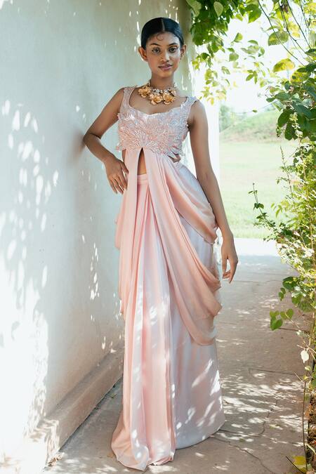 Buy PIRI INDIA Pink , Tulle, Satin Luna Pleated Skirt With Applique Draped Blouse Online at Aza Fashions Buy_PIRI INDIA_Pink , Tulle, Satin Luna Pleated Skirt With Applique Draped Blouse _Online_at_Aza_Fashions