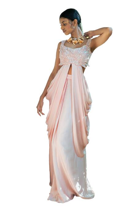 Shop PIRI INDIA Pink , Tulle, Satin Luna Pleated Skirt With Applique Draped Blouse Online at Aza Fashions Shop_PIRI INDIA_Pink , Tulle, Satin Luna Pleated Skirt With Applique Draped Blouse _Online_at_Aza_Fashions