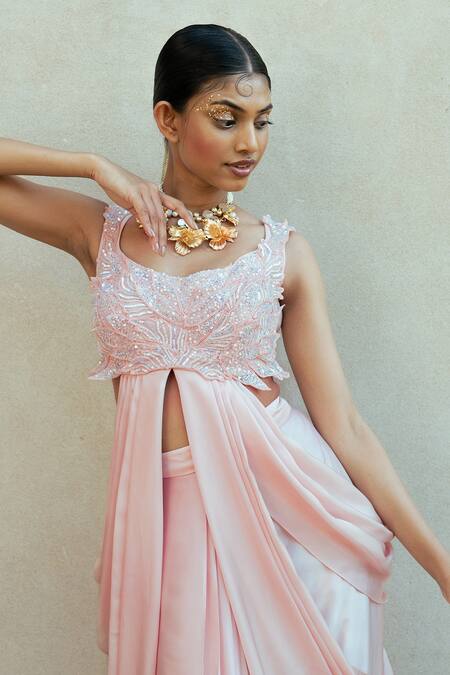 Buy PIRI INDIA Pink , Tulle, Satin Luna Pleated Skirt With Applique Draped Blouse Buy_PIRI INDIA_Pink , Tulle, Satin Luna Pleated Skirt With Applique Draped Blouse