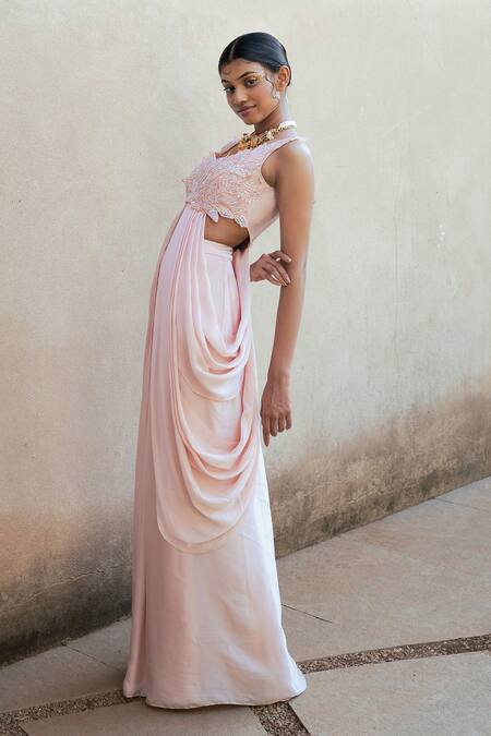 Shop PIRI INDIA Pink , Tulle, Satin Luna Pleated Skirt With Applique Draped Blouse Shop_PIRI INDIA_Pink , Tulle, Satin Luna Pleated Skirt With Applique Draped Blouse