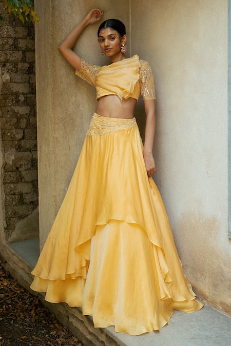 Buy PIRI INDIA Orange Tulle, Satin, Rhapsody Layered Lehenga With Embellished Ruffle Blouse Online at Aza Fashions Buy_PIRI INDIA_Orange Tulle, Satin, Rhapsody Layered Lehenga With Embellished Ruffle Blouse _Online_at_Aza_Fashions