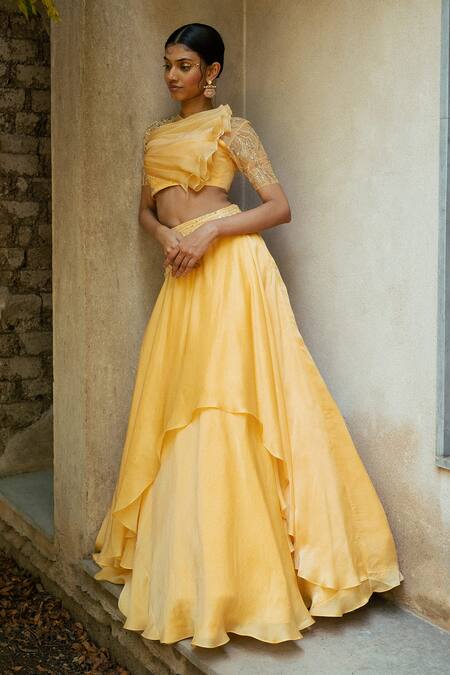 Shop PIRI INDIA Orange Tulle, Satin, Rhapsody Layered Lehenga With Embellished Ruffle Blouse Online at Aza Fashions Shop_PIRI INDIA_Orange Tulle, Satin, Rhapsody Layered Lehenga With Embellished Ruffle Blouse _Online_at_Aza_Fashions