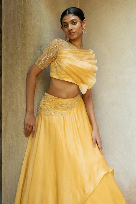 PIRI INDIA Orange Tulle, Satin, Rhapsody Layered Lehenga With Embellished Ruffle Blouse at Aza Fashions PIRI INDIA_Orange Tulle, Satin, Rhapsody Layered Lehenga With Embellished Ruffle Blouse _at_Aza_Fashions