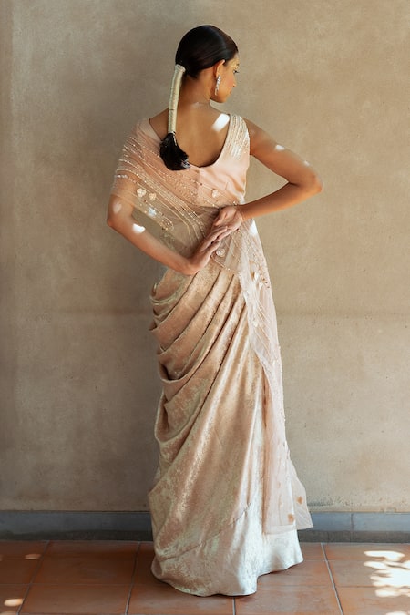 Shop PIRI INDIA Beige Tulle, Satin, Organza Sequins, Beads Zahra Embellished Cut-out Saree Gown at Aza Fashions Shop_PIRI INDIA_Beige Tulle, Satin, Organza Sequins, Beads Zahra Embellished Cut-out Saree Gown _at_Aza_Fashions