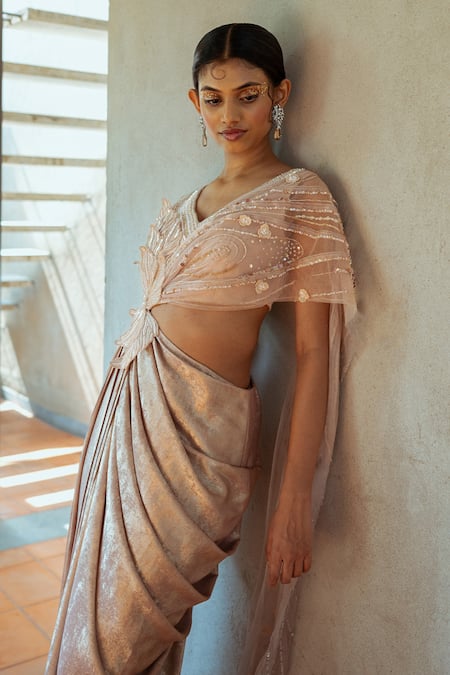 PIRI INDIA Beige Tulle, Satin, Organza Sequins, Beads Zahra Embellished Cut-out Saree Gown Online at Aza Fashions PIRI INDIA_Beige Tulle, Satin, Organza Sequins, Beads Zahra Embellished Cut-out Saree Gown _Online_at_Aza_Fashions