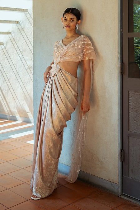 Buy PIRI INDIA Beige Tulle, Satin, Organza Sequins, Beads Zahra Embellished Cut-out Saree Gown Online at Aza Fashions Buy_PIRI INDIA_Beige Tulle, Satin, Organza Sequins, Beads Zahra Embellished Cut-out Saree Gown _Online_at_Aza_Fashions