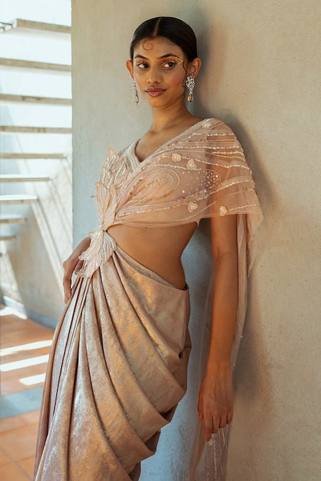 Shop PIRI INDIA Beige Tulle, Satin, Organza Sequins, Beads Zahra Embellished Cut-out Saree Gown Online at Aza Fashions Shop_PIRI INDIA_Beige Tulle, Satin, Organza Sequins, Beads Zahra Embellished Cut-out Saree Gown _Online_at_Aza_Fashions