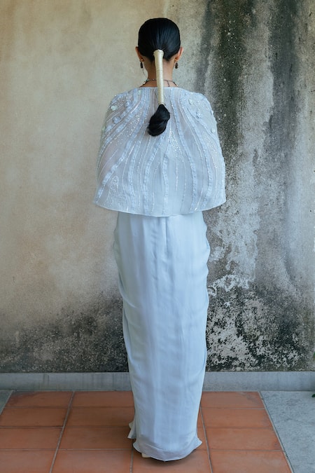 PIRI INDIA Floral Applique Cape With Draped Gown 