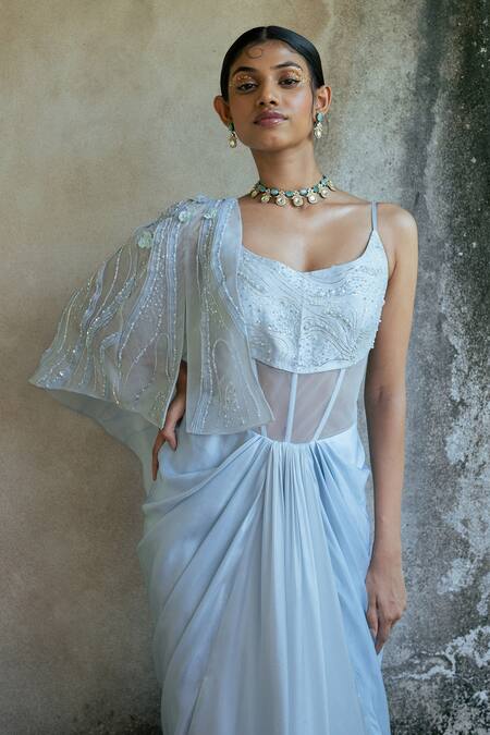 Buy PIRI INDIA Blue Silky Satin Embellished Applique Cape Open Floral With Draped Gown Online at Aza Fashions Buy_PIRI INDIA_Blue Silky Satin Embellished Applique Cape Open Floral With Draped Gown _Online_at_Aza_Fashions