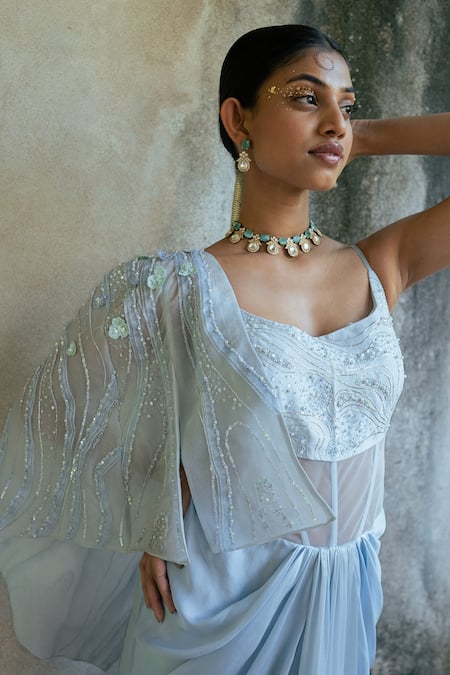 Shop PIRI INDIA Blue Silky Satin Embellished Applique Cape Open Floral With Draped Gown Online at Aza Fashions Shop_PIRI INDIA_Blue Silky Satin Embellished Applique Cape Open Floral With Draped Gown _Online_at_Aza_Fashions