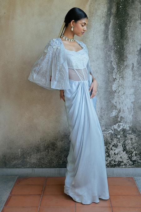 PIRI INDIA Blue Silky Satin Embellished Applique Cape Open Floral With Draped Gown at Aza Fashions PIRI INDIA_Blue Silky Satin Embellished Applique Cape Open Floral With Draped Gown _at_Aza_Fashions