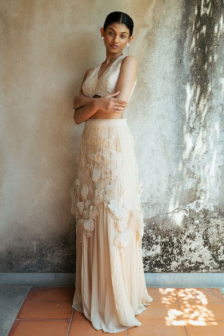 Buy PIRI INDIA Beige Organza, Georgette, Net Beads, Sequins, Cut-out Upper Skirt Lehenga Set Online at Aza Fashions Buy_PIRI INDIA_Beige Organza, Georgette, Net Beads, Sequins, Cut-out Upper Skirt Lehenga Set _Online_at_Aza_Fashions