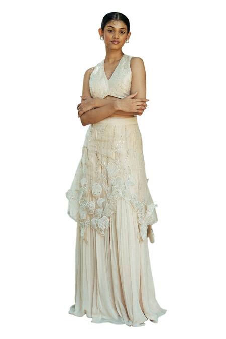 Shop PIRI INDIA Beige Organza, Georgette, Net Beads, Sequins, Cut-out Upper Skirt Lehenga Set Online at Aza Fashions Shop_PIRI INDIA_Beige Organza, Georgette, Net Beads, Sequins, Cut-out Upper Skirt Lehenga Set _Online_at_Aza_Fashions