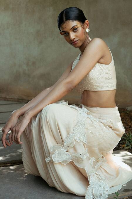 Buy PIRI INDIA Beige Organza, Georgette, Net Beads, Sequins, Cut-out Upper Skirt Lehenga Set Buy_PIRI INDIA_Beige Organza, Georgette, Net Beads, Sequins, Cut-out Upper Skirt Lehenga Set