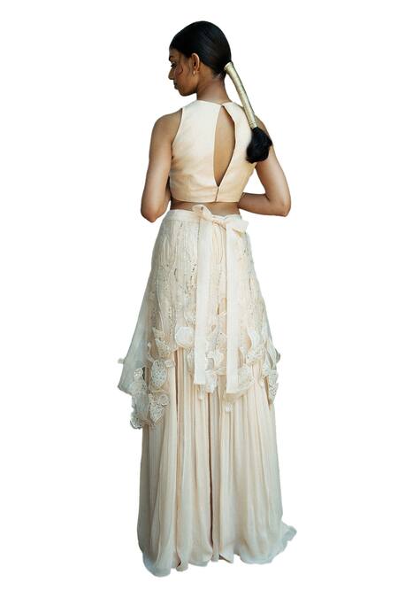 Shop PIRI INDIA Beige Organza, Georgette, Net Beads, Sequins, Cut-out Upper Skirt Lehenga Set Shop_PIRI INDIA_Beige Organza, Georgette, Net Beads, Sequins, Cut-out Upper Skirt Lehenga Set