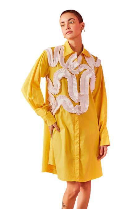 Pooja Shroff Yellow Cotton Embroidery Collared Malibu Pleated Wave Embellished Shirt Dress Online at Aza Fashions Pooja Shroff_Yellow Cotton Embroidery Collared Malibu Pleated Wave Embellished Shirt Dress_Online_at_Aza_Fashions