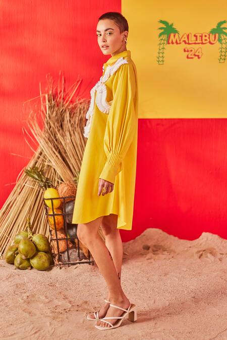 Buy Pooja Shroff Yellow Cotton Embroidery Collared Malibu Pleated Wave Embellished Shirt Dress Online at Aza Fashions Buy_Pooja Shroff_Yellow Cotton Embroidery Collared Malibu Pleated Wave Embellished Shirt Dress_Online_at_Aza_Fashions