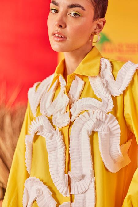 Shop Pooja Shroff Yellow Cotton Embroidery Collared Malibu Pleated Wave Embellished Shirt Dress Online at Aza Fashions Shop_Pooja Shroff_Yellow Cotton Embroidery Collared Malibu Pleated Wave Embellished Shirt Dress_Online_at_Aza_Fashions