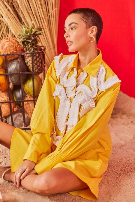 Pooja Shroff Yellow Cotton Embroidery Collared Malibu Pleated Wave Embellished Shirt Dress at Aza Fashions Pooja Shroff_Yellow Cotton Embroidery Collared Malibu Pleated Wave Embellished Shirt Dress_at_Aza_Fashions