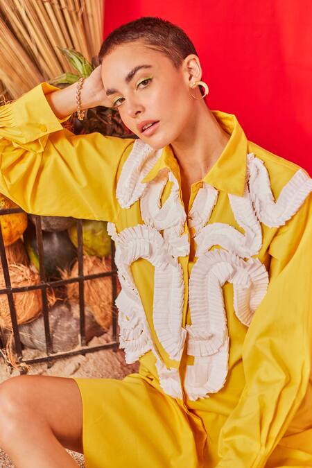 Buy Pooja Shroff Yellow Cotton Embroidery Collared Malibu Pleated Wave Embellished Shirt Dress Buy_Pooja Shroff_Yellow Cotton Embroidery Collared Malibu Pleated Wave Embellished Shirt Dress