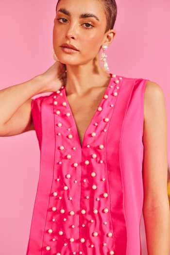 Shop_Pooja Shroff_Pink Crepe Pearls V-neck Ellora Embellished Panelled Short Dress_Online_at_Aza_Fashions