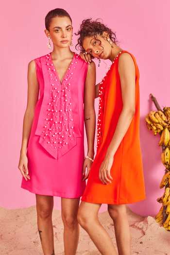 Pooja Shroff_Pink Crepe Pearls V-neck Ellora Embellished Panelled Short Dress_at_Aza_Fashions