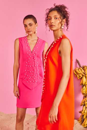 Buy_Pooja Shroff_Pink Crepe Pearls V-neck Ellora Embellished Panelled Short Dress