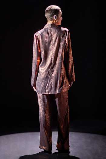 Shop Pooja Shroff Brown Faux Leather Beach Glamour Foil Blazer With Pant at Aza Fashions Shop_Pooja Shroff_Brown Faux Leather Beach Glamour Foil Blazer With Pant_at_Aza_Fashions