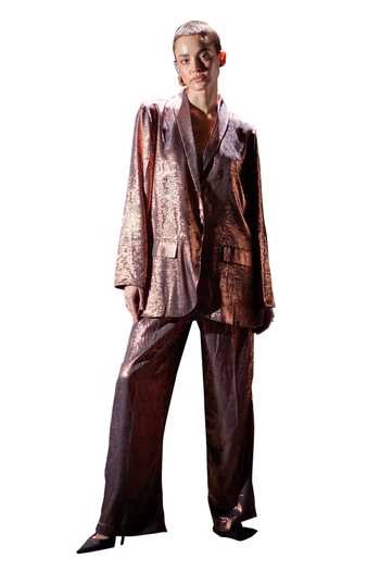 Pooja Shroff Brown Faux Leather Beach Glamour Foil Blazer With Pant Online at Aza Fashions Pooja Shroff_Brown Faux Leather Beach Glamour Foil Blazer With Pant_Online_at_Aza_Fashions
