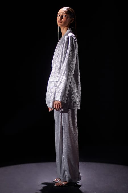 Buy_Pooja Shroff_Silver Polyester Beach Glamour Shimmery Foil Blazer With Pant_Online_at_Aza_Fashions