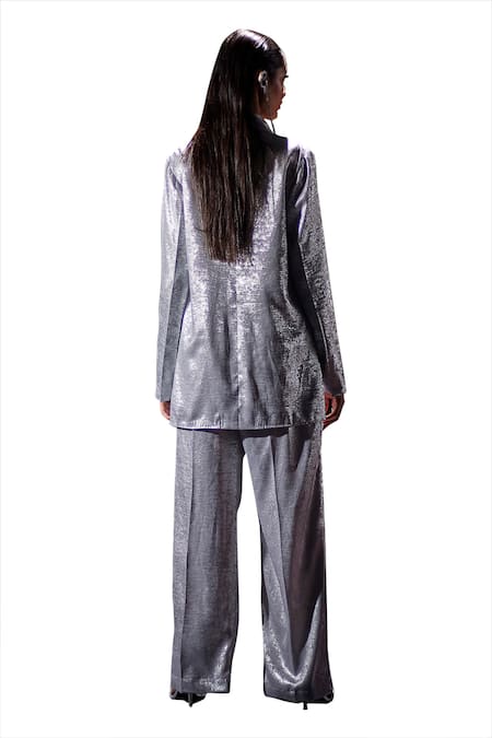 Shop_Pooja Shroff_Silver Polyester Beach Glamour Shimmery Foil Blazer With Pant_Online_at_Aza_Fashions