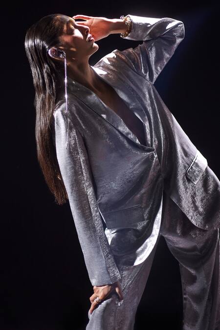 Pooja Shroff_Silver Polyester Beach Glamour Shimmery Foil Blazer With Pant_at_Aza_Fashions