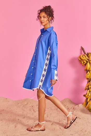Pooja Shroff_Blue Cotton Cut Work Collared Geometric Panel Shirt Dress_Online_at_Aza_Fashions