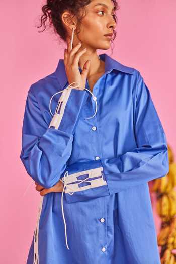Buy_Pooja Shroff_Blue Cotton Cut Work Collared Geometric Panel Shirt Dress_Online_at_Aza_Fashions