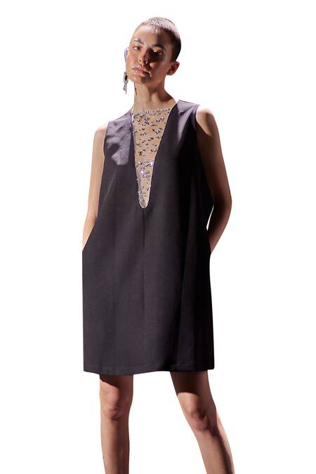 Shop_Pooja Shroff_Black Crepe Beads Open Neck Embroidered Sheer Yoke Dress_Online_at_Aza_Fashions